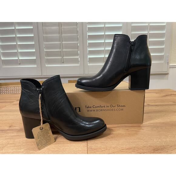 BORN Women's Olivia Black Booties Black Leather Size 6 NIB Tailored Block Heel - Picture 5 of 12